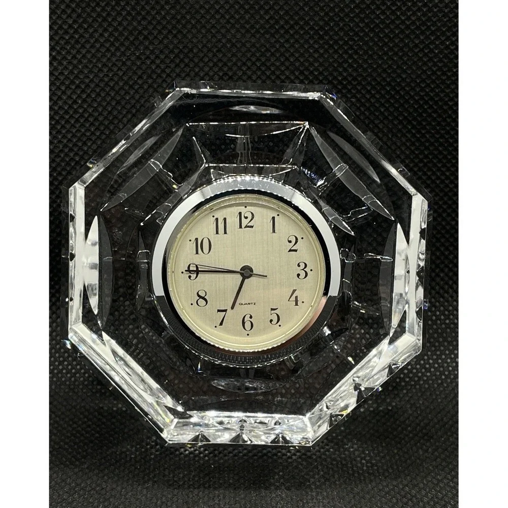 Vintage Waterford Crystal Octagon Desk Clock‎ Paperweight Diamond Cut 2.75